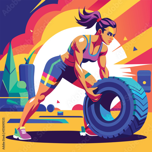 Woman flipping tire in colorful graphic fitness illustration