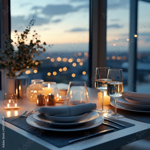 Romantic dinner setup high-rise city view table setting cozy evening intimate atmosphere