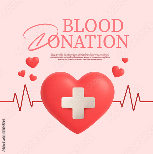 Blood donation banner template with 3d heart isolated on background white heart rate chart, designed in 3d vector. Vector illustration