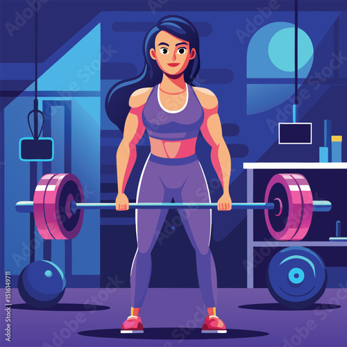 Woman lifting barbell in a gym with weights and equipment