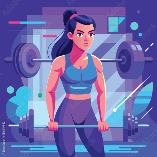 Woman lifting barbell in a gym with abstract background