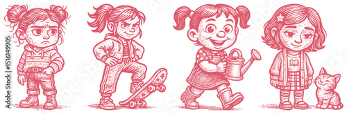 Red sketch vector art of four cute cartoon girls. Diverse characters: grumpy, cool skater, happy gardener with watering can, gentle girl with cat.