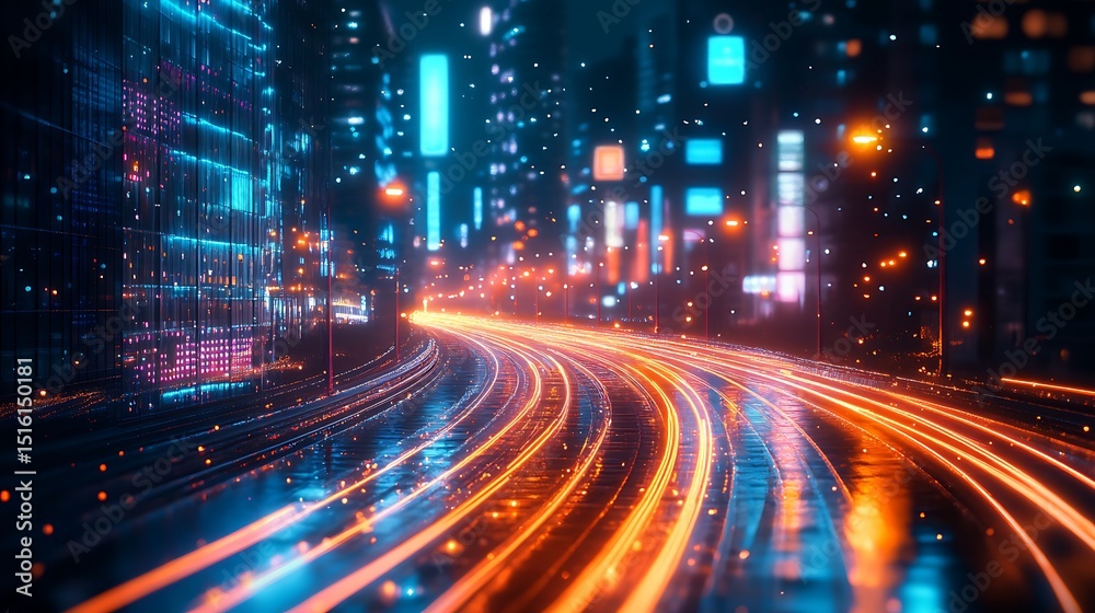 Fototapeta premium Futuristic cityscape with illuminated streaks depicting high-speed technology