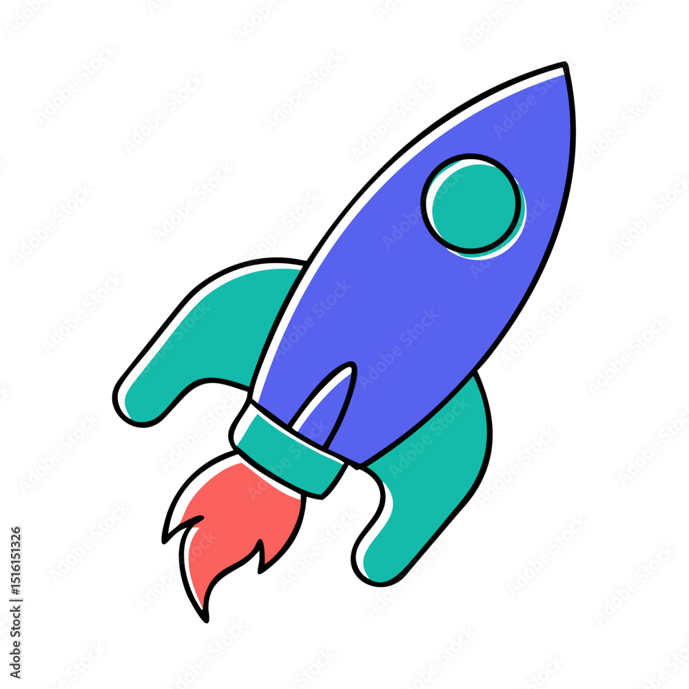 Fototapeta premium Cartoon rocket ship blasting off in blue and red colors