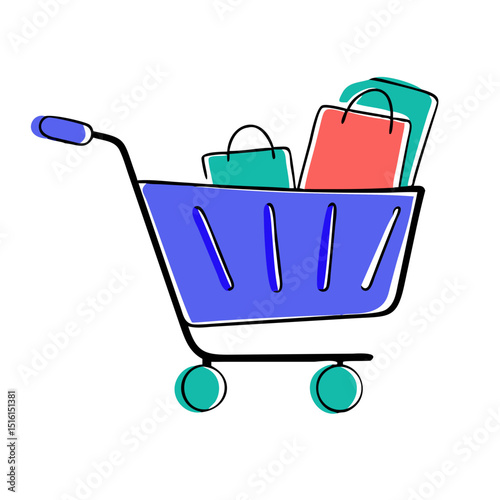 Shopping cart with bags in colorful doodle style