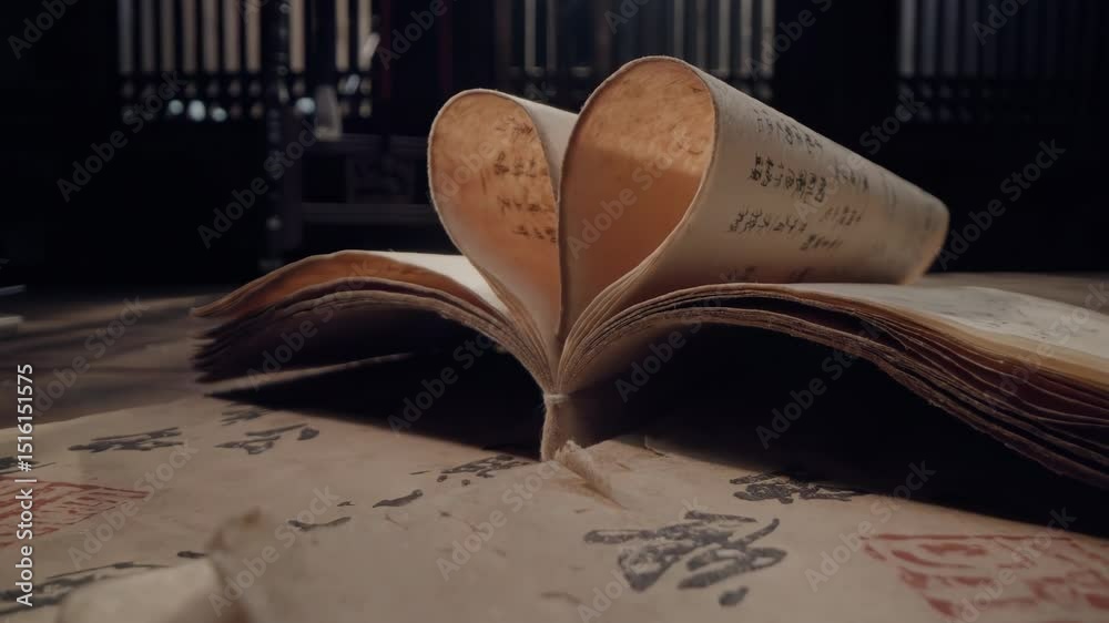 Traditional Chinese calligraphy old book with brush and ink, cultural art with oriental culture artifacts, preserved in the Temple of Confucius