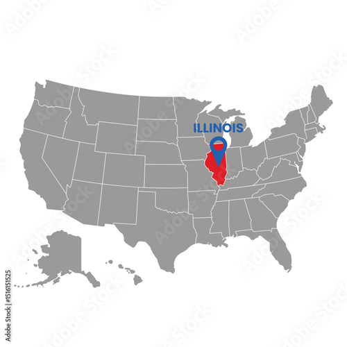 Illinois is prominently displayed in red on a grey map of the USA with a location pin above for informational purposes