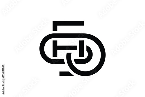 A minimalistic black and white logo featuring interconnected shapes and lines