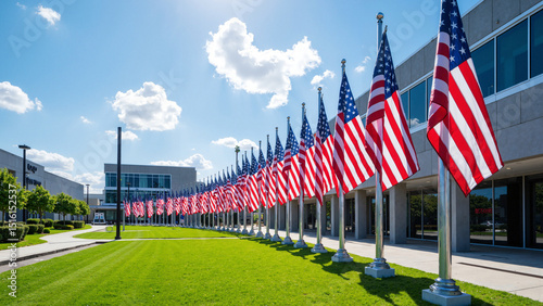 Vibrant American Flags Fluttering in a Business Park, Perfect for Celebrating National Holidays and Promoting Community Spirit