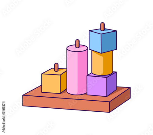 Icon of wooden pyramid for babies. Educational toy for kid playings. Building of towers from colourful geometric shapes for little children. Flat isolated vector illustration on white background