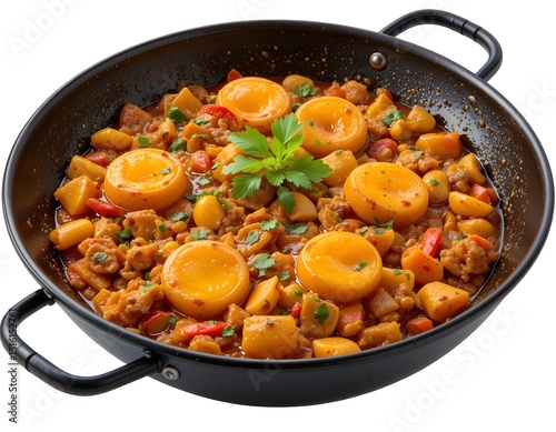 Paella on isolated transparent background.