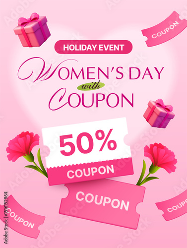 3d women day coupons with flowers and gift boxes flying around, isolated on gradient background. Women day gift voucher banner template in 3d vector. Vector illustration