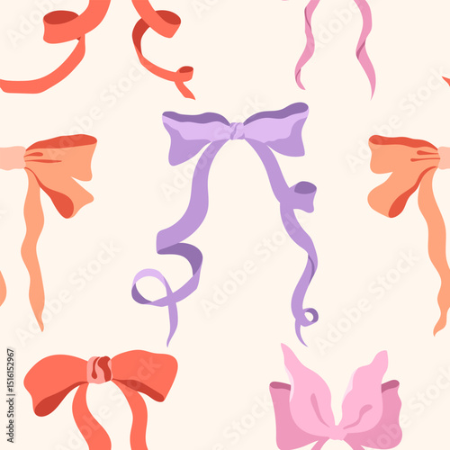 Colorful ribbon bows vector seamless pattern. Cute repeat tile. Pink, lilac, orange and red bowknots on pastel off-white background. Playful modern girly design for wrapping paper, birthday packaging