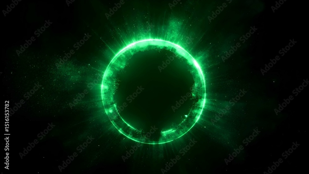 abstract design showcases a glowing green light ring on a black background, enhanced by a grainy gradient noise texture for a poster banner backdrop. abstract design showcases a glowing green light ring on a black background, enhanced by a grainy gradient noise texture for a poster banner backdrop.