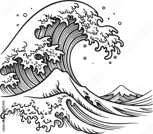 Tsunami Wave Vector Illustration, Sketch Drawing Line Linear Symbol Icon Engraving Coloring Book, Hand-drawn Black and White Isolated