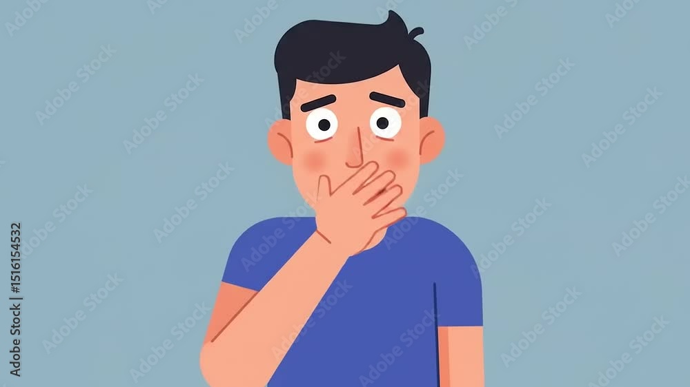 A surprised young man with a worried expression touching his face against a simple blue background