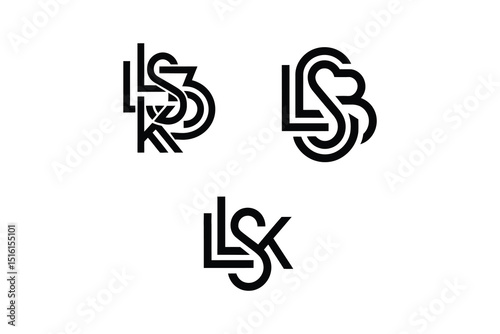 Three black and white logos with the letters l s and k in different styles