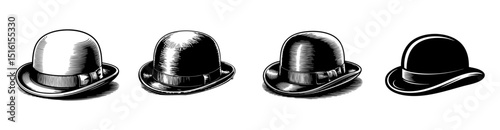 set of bowler hat vector illustrations, derby for vintage fashion 