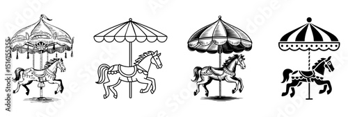 set of vintage carousel vector  illustrations, horse for amusement park and childhood nostalgia
