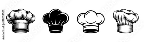 set of vintage chef hat vector illustrations, toque blanche for culinary professional and kitchen uniform
