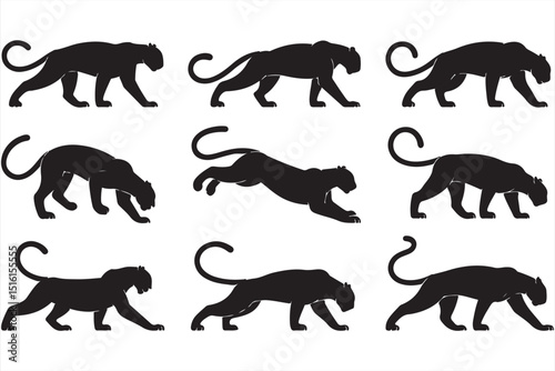 Dynamic Walking Panther Silhouettes in Different Poses