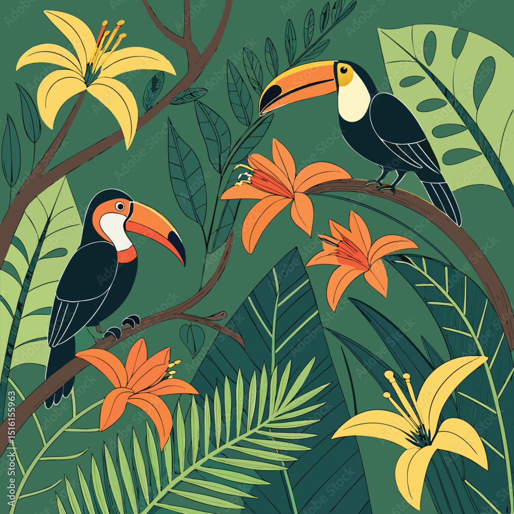 Fototapeta premium Vibrant jungle floral design with toucans and tiger lilies