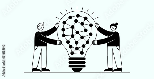 A line art vector illustration of people holding a networked lightbulb, symbolizing collaborative innovation, interconnected ideas, knowledge-sharing, and collective problem-solving
