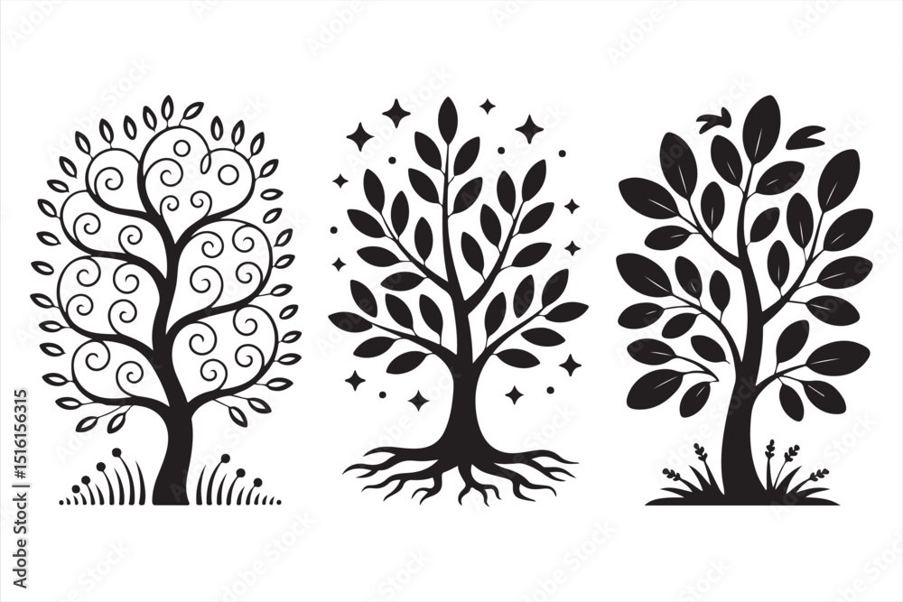 Fototapeta premium Stylized Trees with Organic Shapes, Swirls, and Sparkles for Whimsical and Nature-Focused Designs