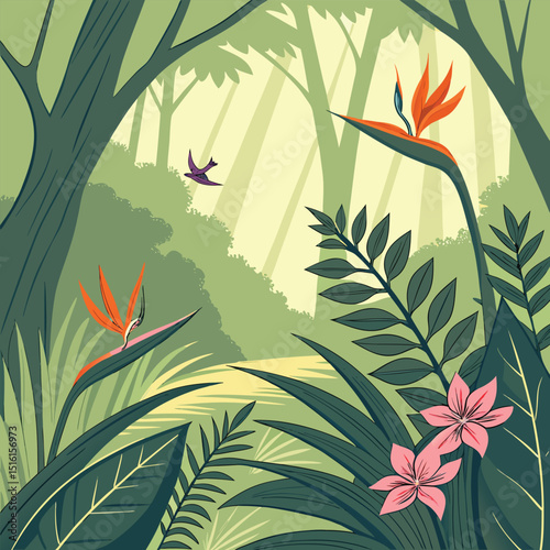 Jungle flora banner with birds of paradise and orchids