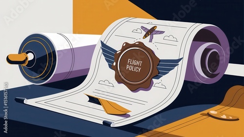 Flight ticket policy   concept. A stylized illustration of a flight policy document and a roll of paper.