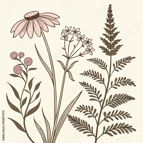 Vintage style herbal plants and floral head illustrations