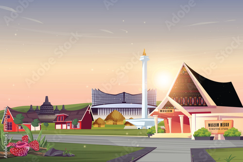 Indonesian city landscape with national monument