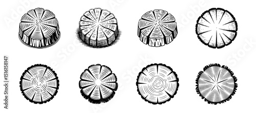 set of tree stump wood slice illustrations, round log end vector for forestry and nature texture
