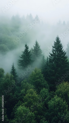 Dense green forest trees shrouded in thick mist create a serene vista view