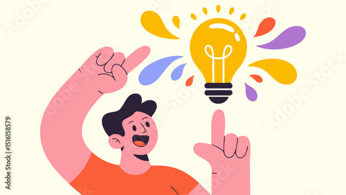 flat vector illustration of a man with a bright idea lightbulb, innovation and creativity concept, problem-solving and inspiration.
