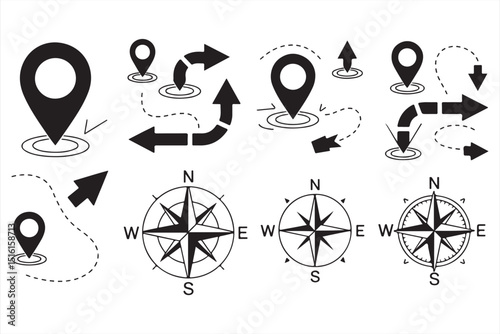 Vector Set of Geolocation Markers, Arrows, and Navigation Icons for Maps