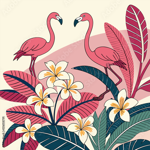 Bold flamingo and frangipani floral collage design