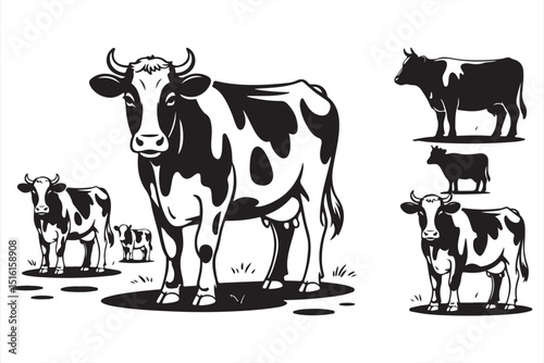 Various Cow Poses in Black and White Illustration Style for Farm and Rural Themes