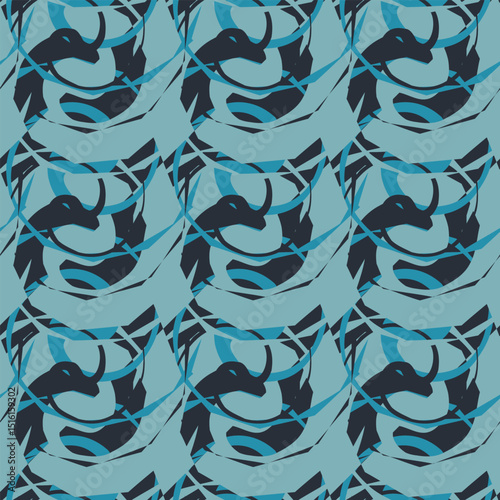 Seamless Abstract Geometric Vector Pattern with Twisted Shapes, Dynamic Curves, Modern Swirls, Blue Tones, Contemporary Motion Style, Bold Visual Texture