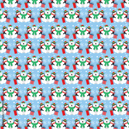Christmas pattern with polar bear and penguin