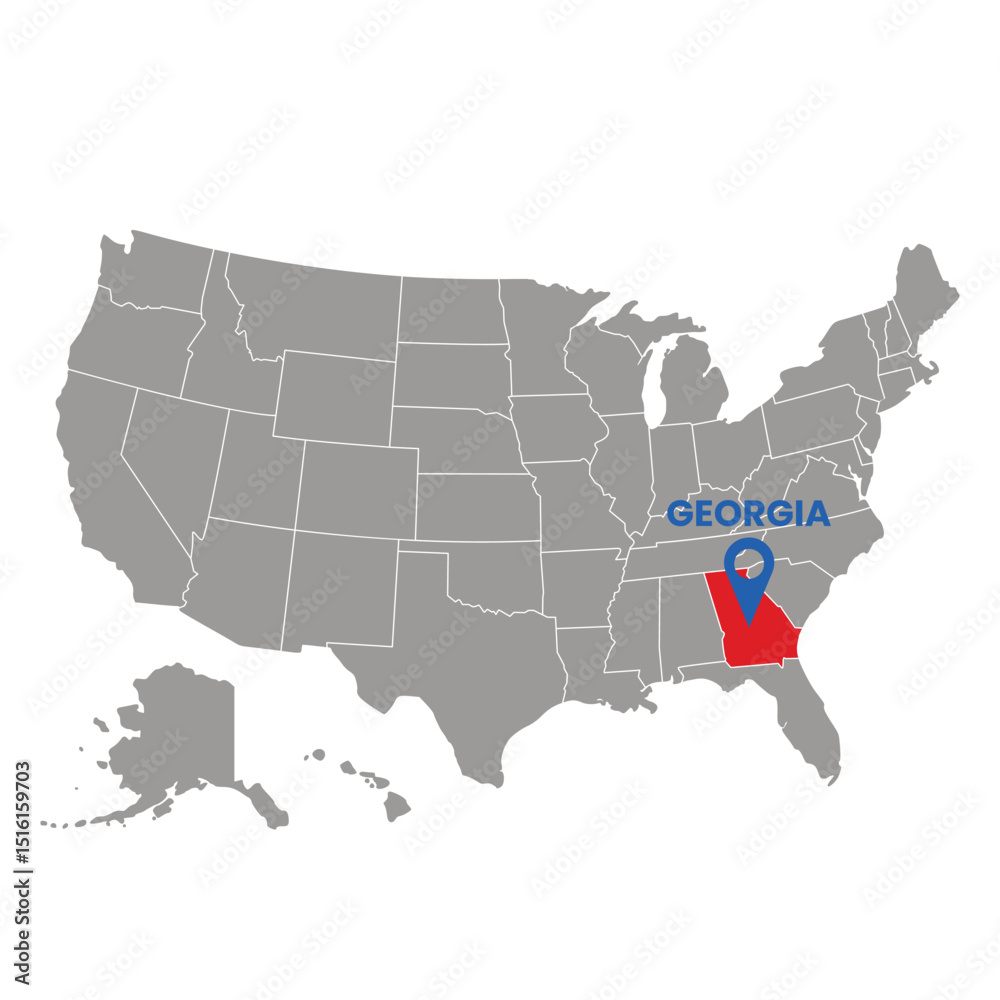 Fototapeta premium Georgia highlighted on a map of the United States with a location pin icon, ideal for travel and educational infographics.