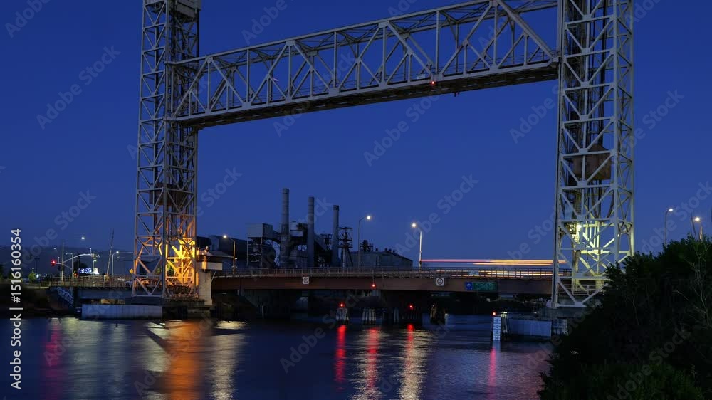 The Miller Sweeney Bridge glows beneath fading skies as the flow of vehicles are captured in motion, highlighting the daily tempo of life in Alameda’s working harbor.