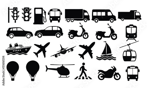 Transportation icons set with various vehicles and travel symbols