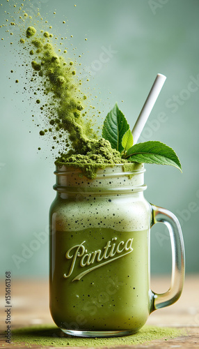 A vibrant green smoothie erupts with a powdery explosion alongside mint leaves in a mason jar against a blurred background. photo