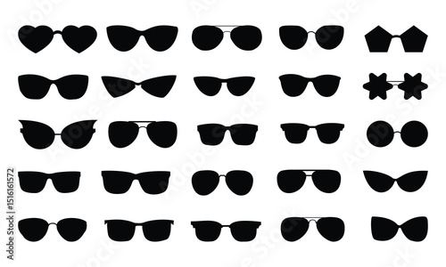 Sunglasses and eyeglasses set with mustaches and vintage fashion elements in black silhouette style