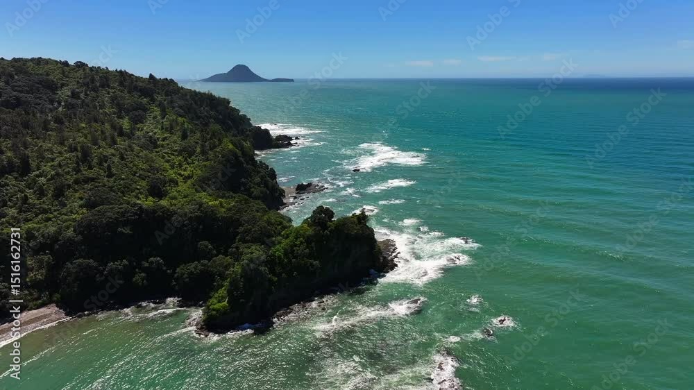 custom made wallpaper toronto digitalHigh Aerial beech Unspoilt jagged rocky coastline—turquoise waves crash against cliffs, windswept trees cling to edges, sunlight flickers across the wild, untouched shore. Drone New Zealand native