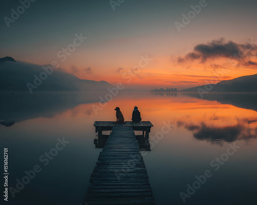 A couple sitting on a pier with their dog, watching the sunset over a calm lake, the stillness of the water reflecting their shared tranquility.