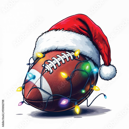 Football with santa hat and christmas lights isolated on white background