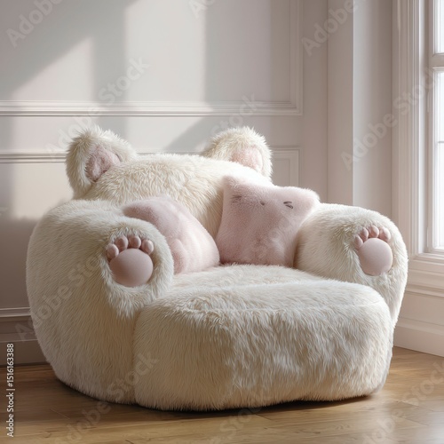 Cozy and whimsical bear-shaped chair in bright room with sunlight streaming through window
