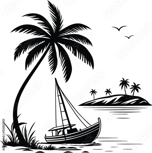 A sailboat peacefully rests by a tropical island under a palm tree, a tranquil scene of island life.